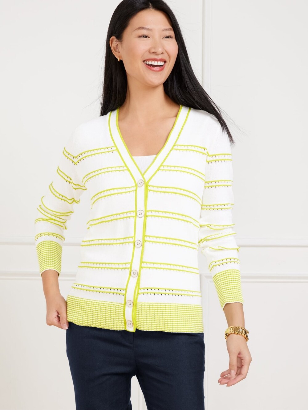 Talbots V-Neck Girlfriend Cardigan - Bicolor Stripe